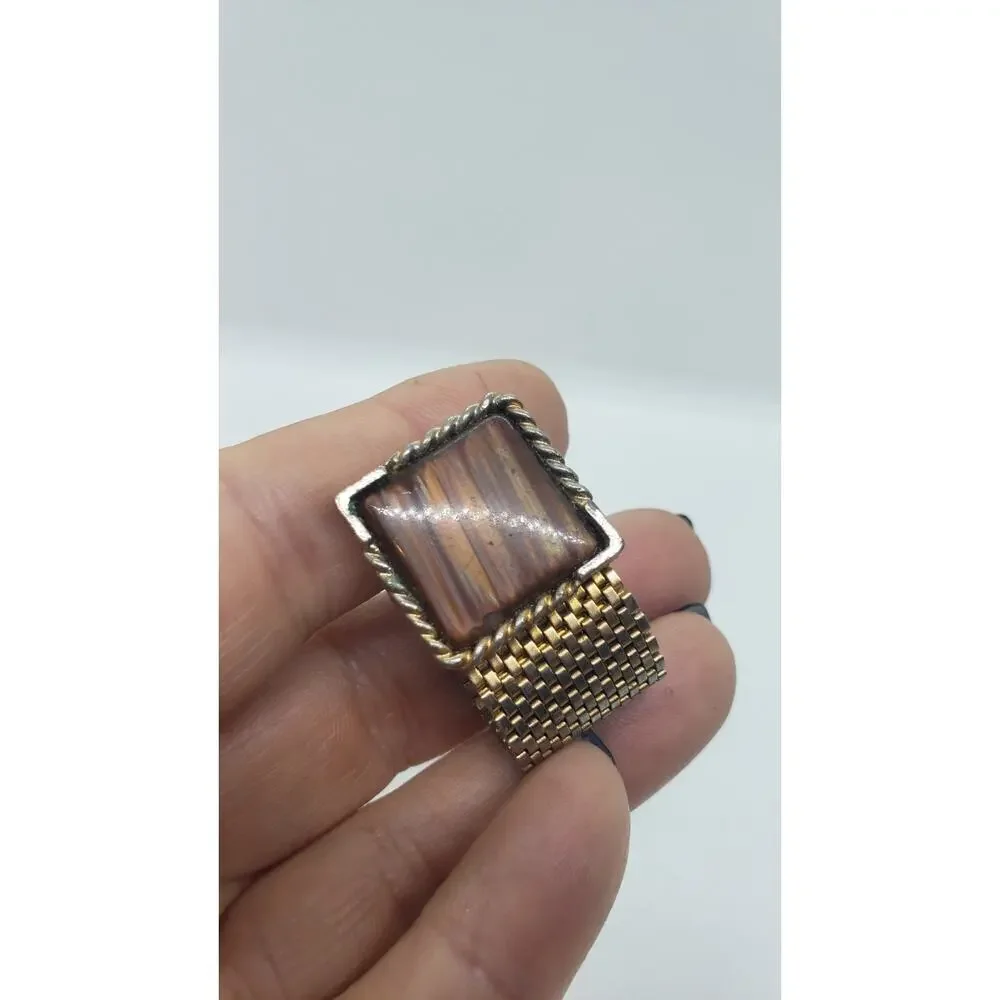 Vintage Cufflinks 1950 Mesh Wrap Gold Plated Lucite Faux Wood Tie Bar Cuff Links